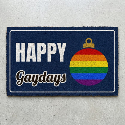 Happy Gaydays doormat 30x18 in navy with a rainbow ornament