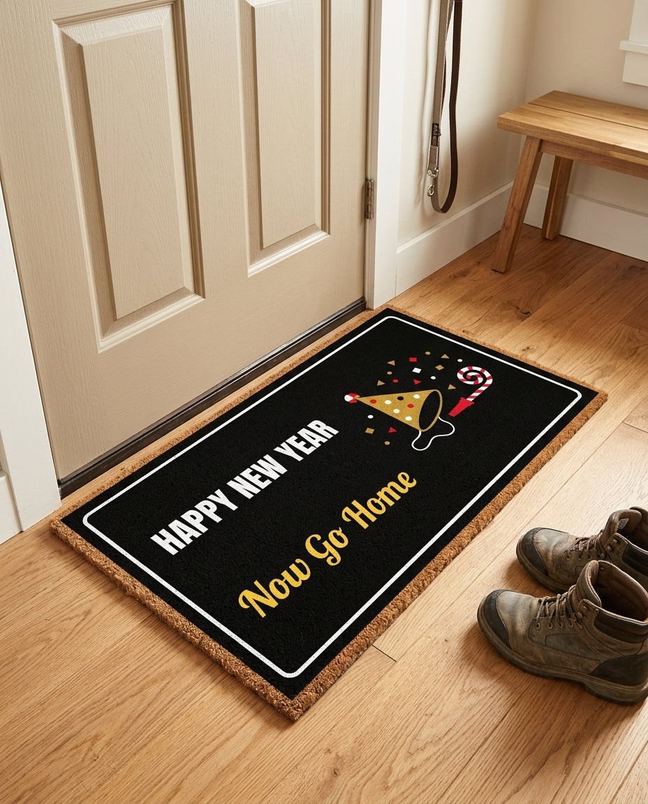 Happy New Year Now Go Home welcome mat in a home entryway