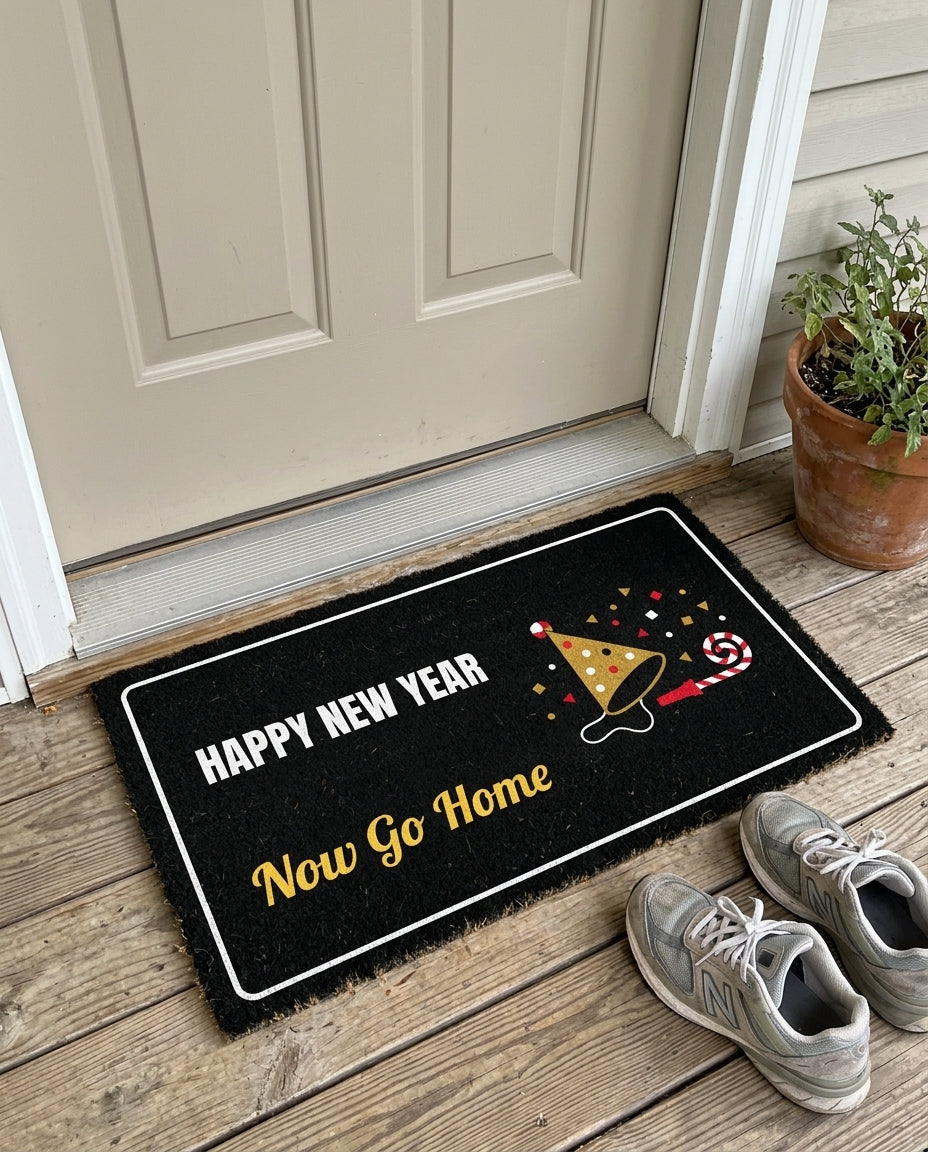 Happy New Year Now Go Home new years doormat on a front porch