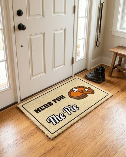 Here For The Pie welcome mat in a home entryway