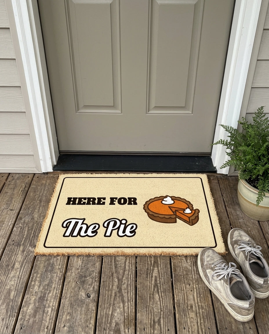 Here For The Pie Thanksgiving doormat on a front porch