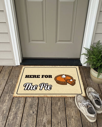 Here For The Pie Thanksgiving doormat on a front porch