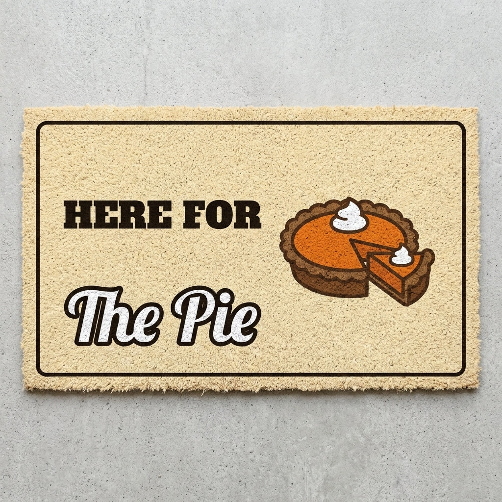 Here For The Pie doormat 30x18 in cream with a pumpkin pie