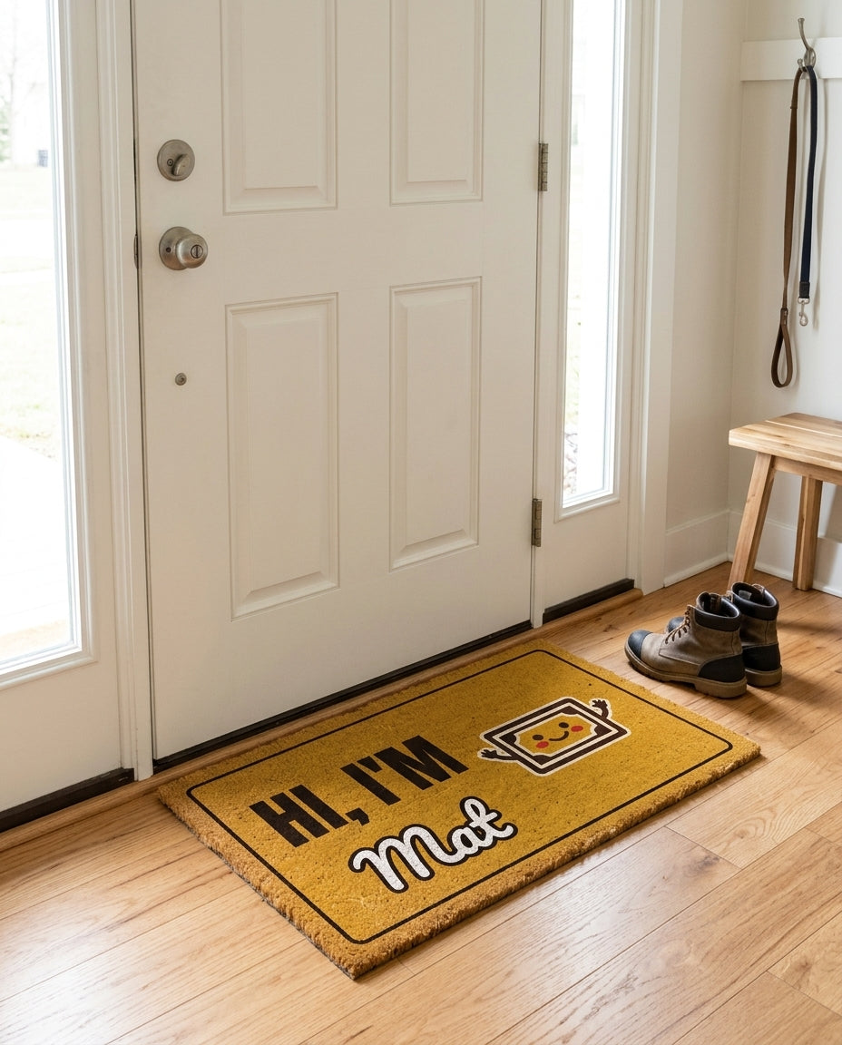 Hi Im Mat welcome mat in a home entryway