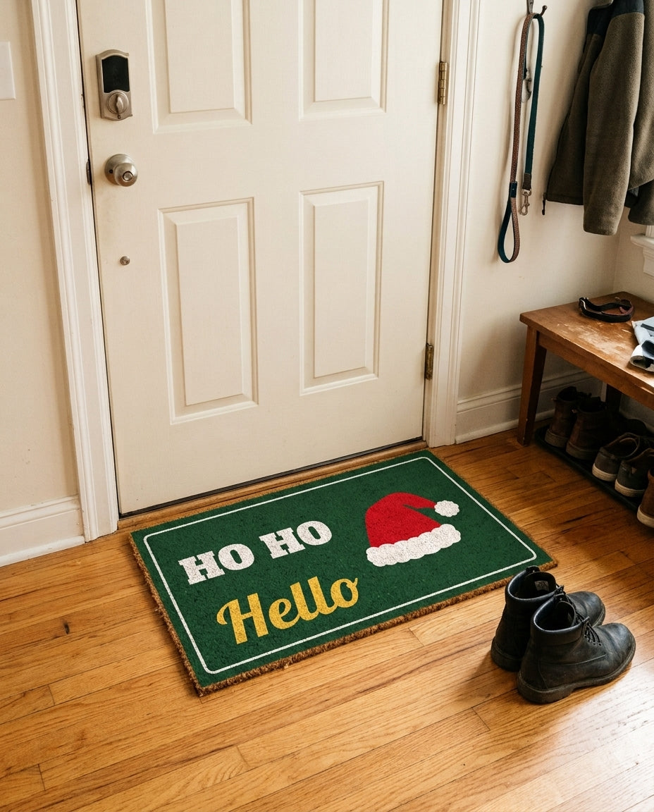 Ho Ho Hello welcome mat in a home entryway