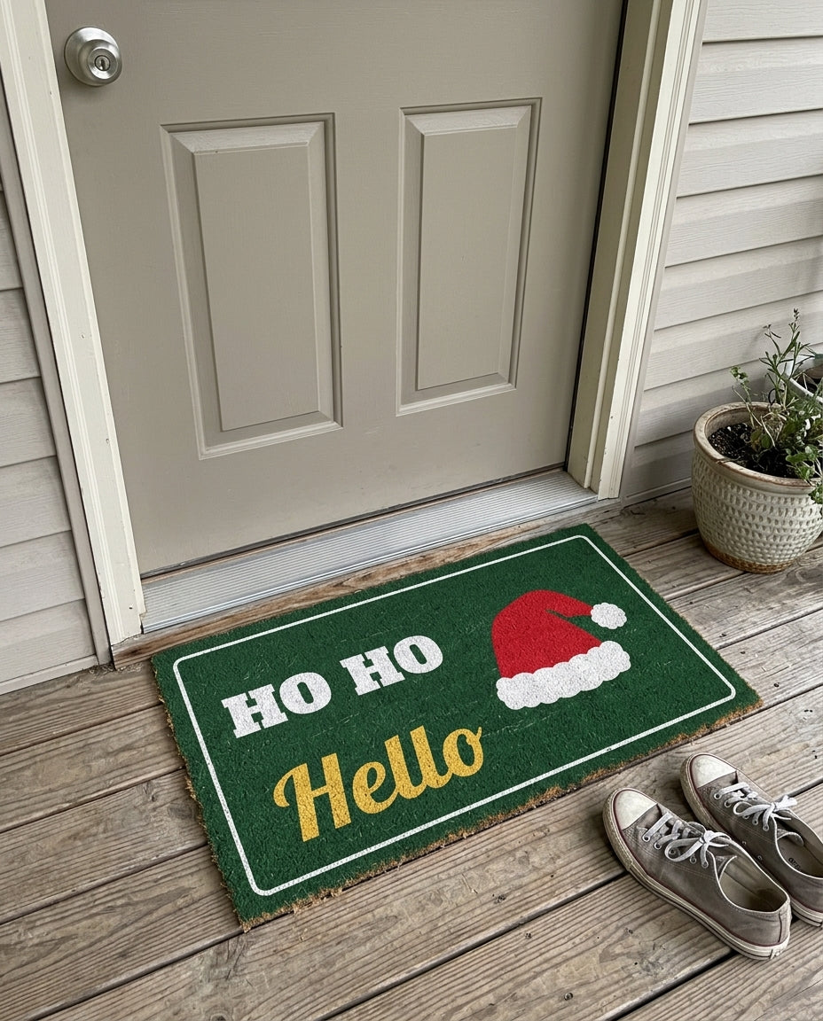 Ho Ho Hello Christmas doormat on a front porch