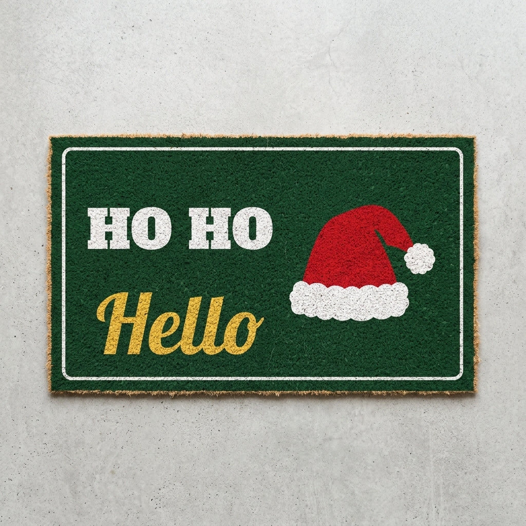 Ho Ho Hello doormat 30x18 in green with a Santa hat