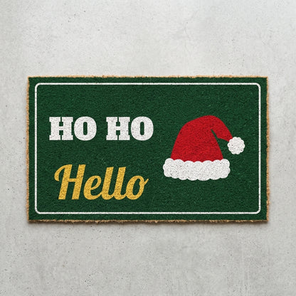 Ho Ho Hello doormat 30x18 in green with a Santa hat