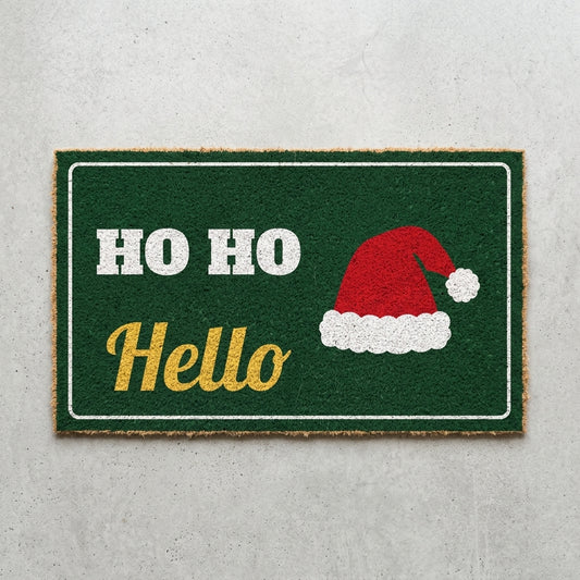 Ho Ho Hello doormat 30x18 in green with a Santa hat