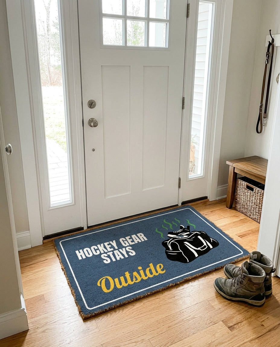 Hockey Gear Stays Outside welcome mat in a home entryway