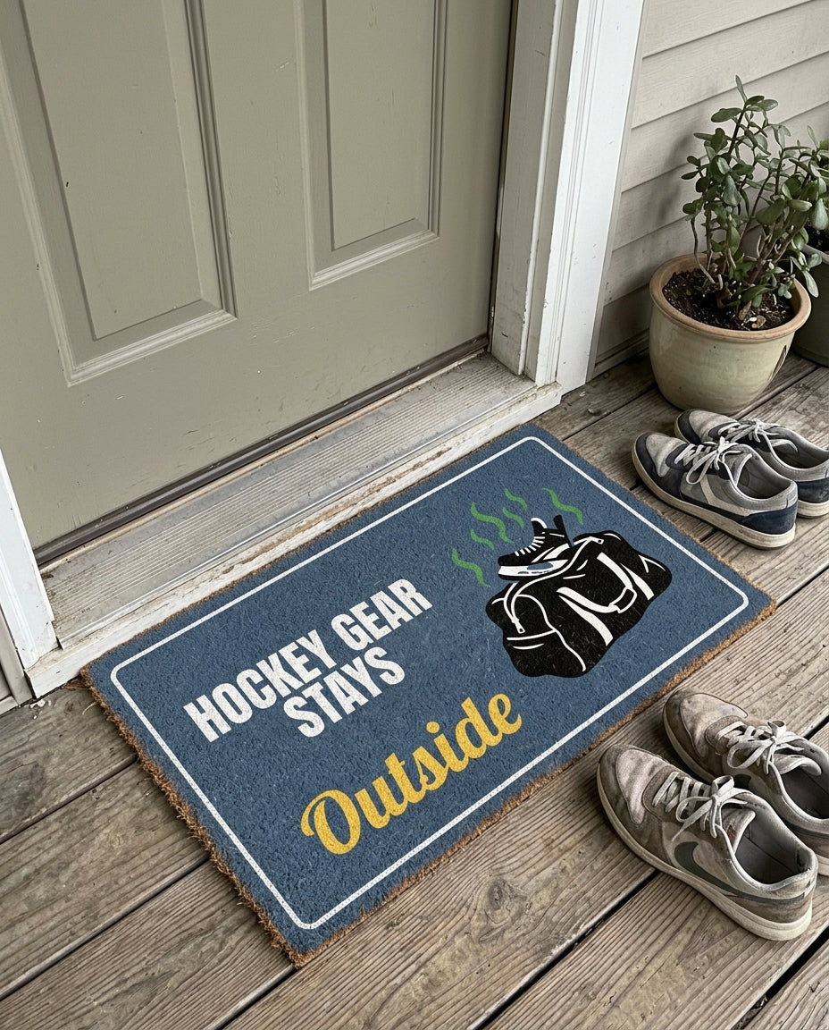 Hockey Gear Stays Outside funny hockey doormat on a front porch