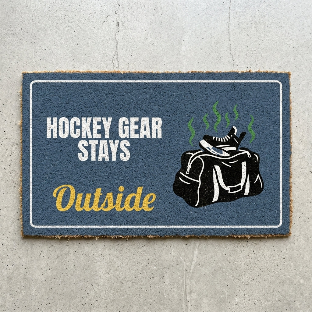 Hockey Gear Stays Outside doormat 30x18 in slate blue with a smelly hockey bag