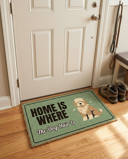 Home Is Where The Dog Hair Is welcome mat in a home entryway