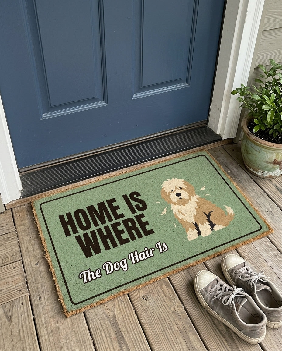 Home Is Where The Dog Hair Is funny dog doormat on a front porch