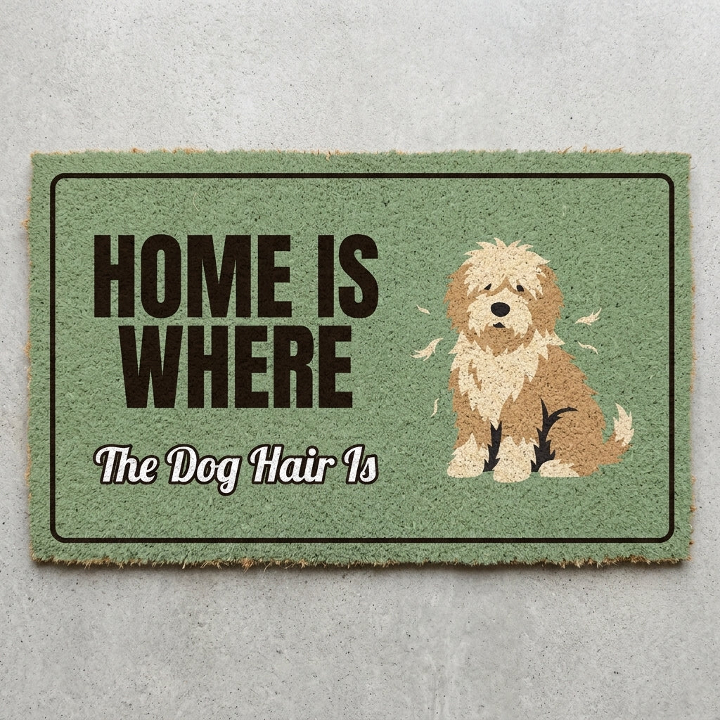 Home Is Where The Dog Hair Is doormat 30x18 in sage green with a shedding dog