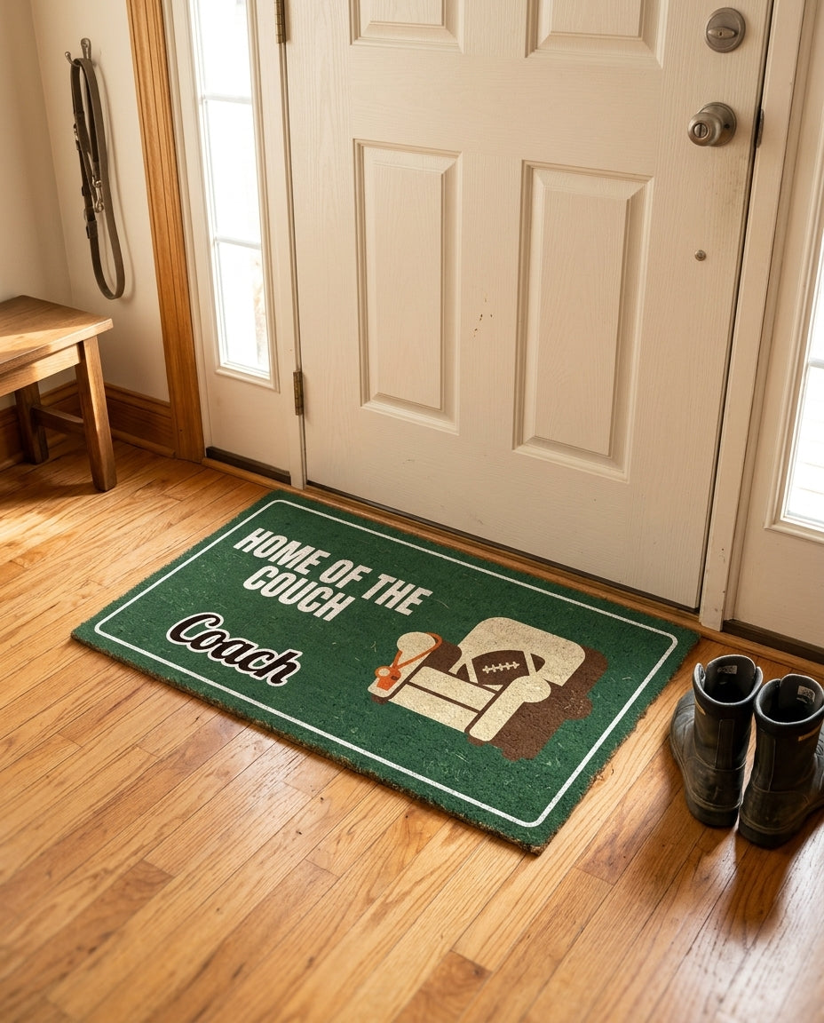 Home Of The Couch Coach welcome mat in a home entryway