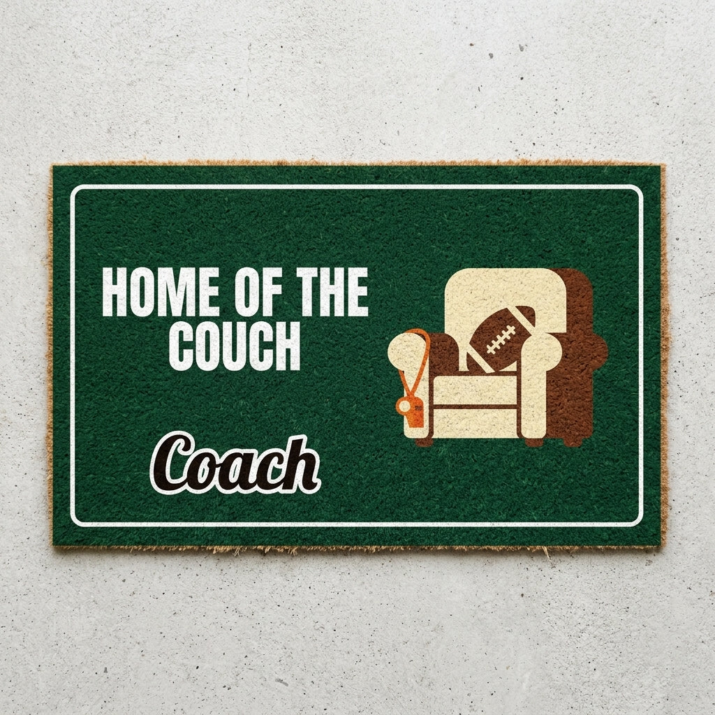 Home Of The Couch Coach doormat 30x18 in green with an armchair and a football