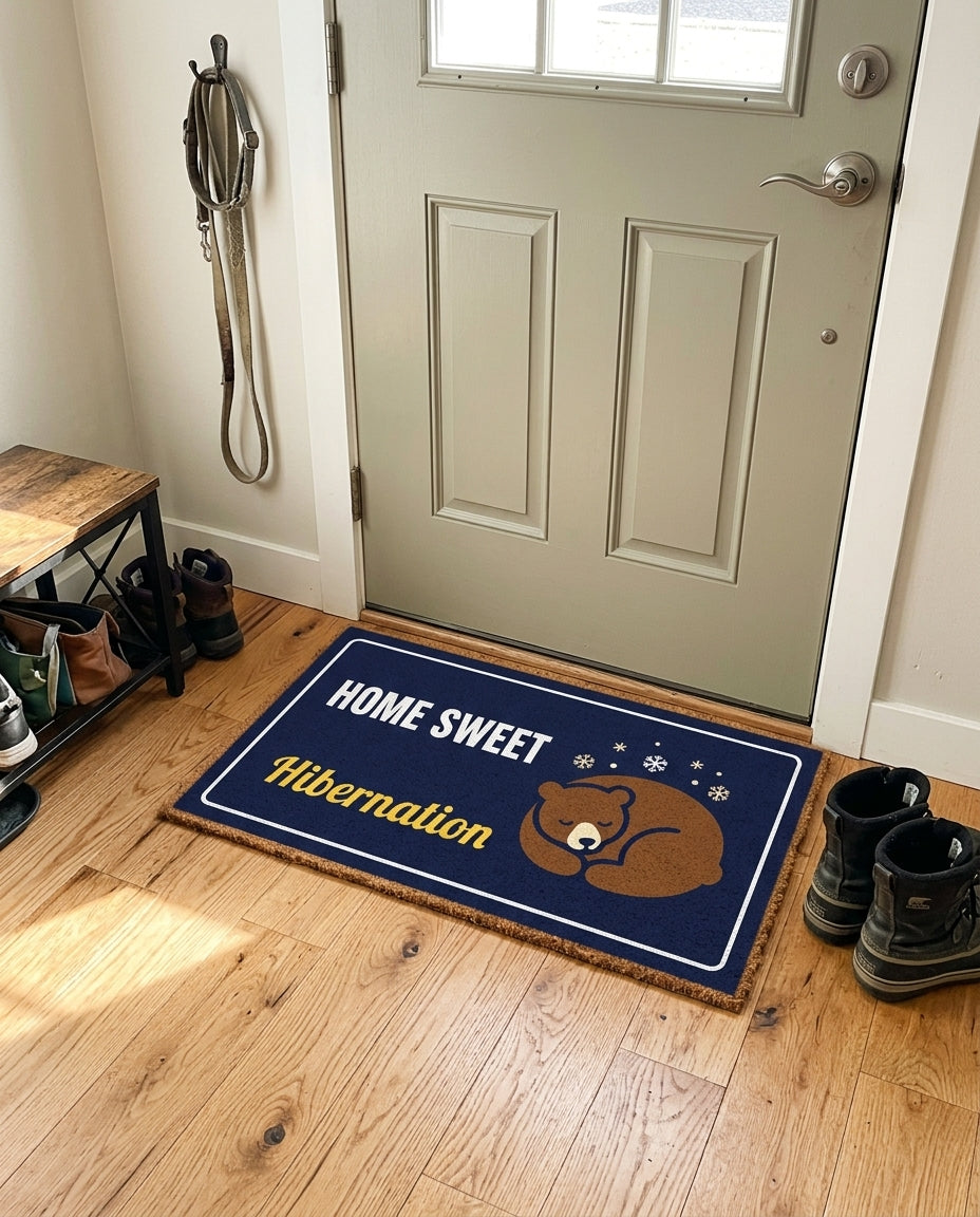 Home Sweet Hibernation welcome mat in a home entryway