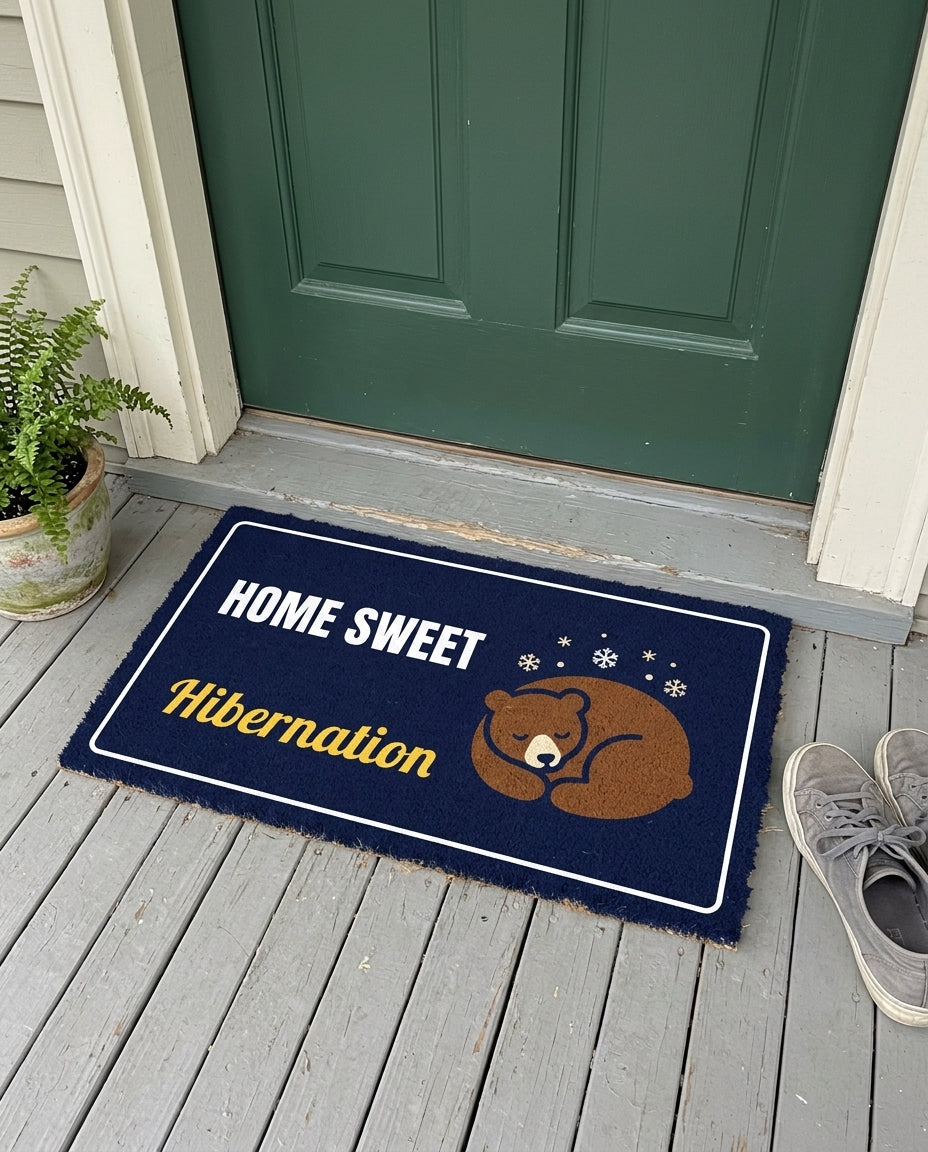 Home Sweet Hibernation winter doormat on a front porch