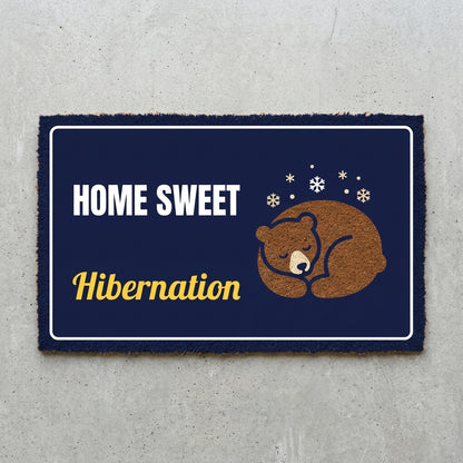 Home Sweet Hibernation doormat 30x18 in navy with a sleeping bear