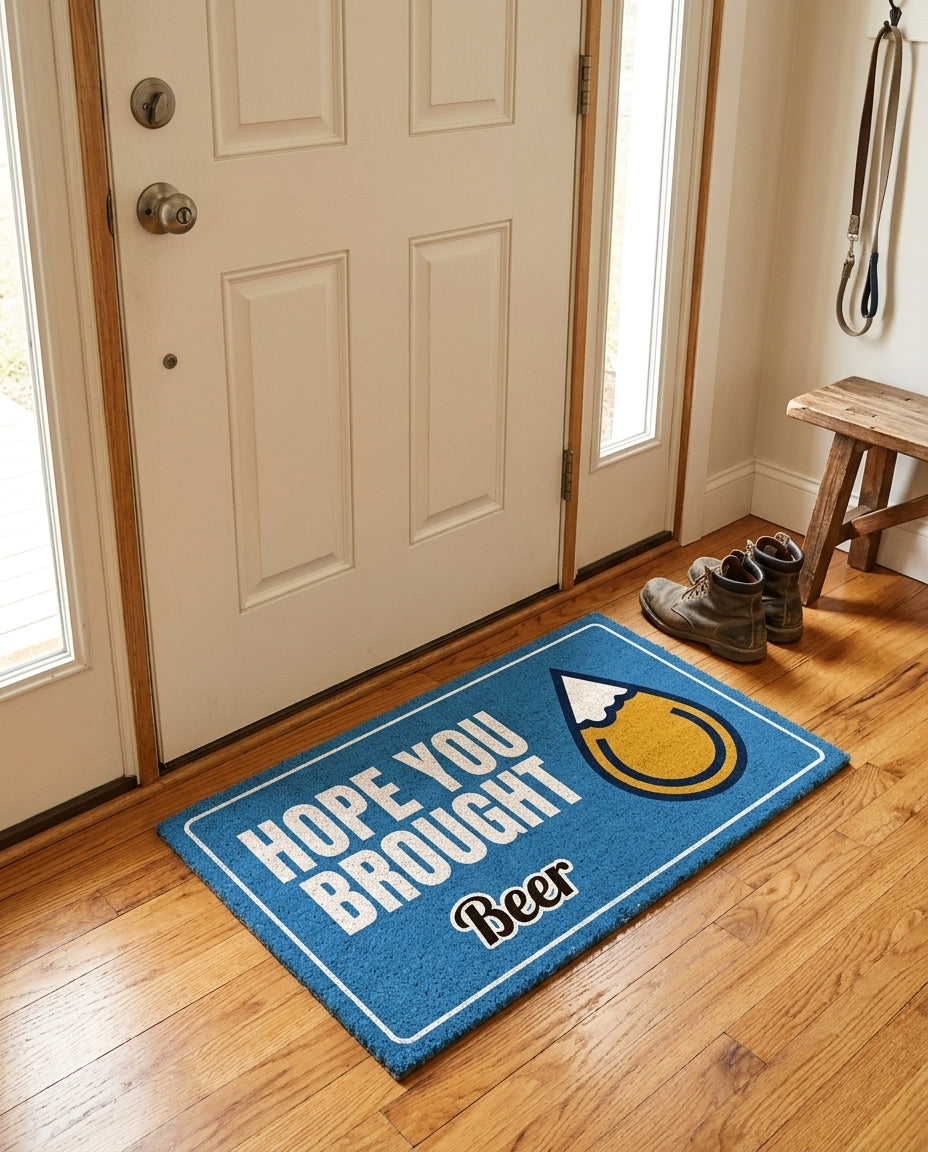 Hope You Brought Beer welcome mat in a home entryway