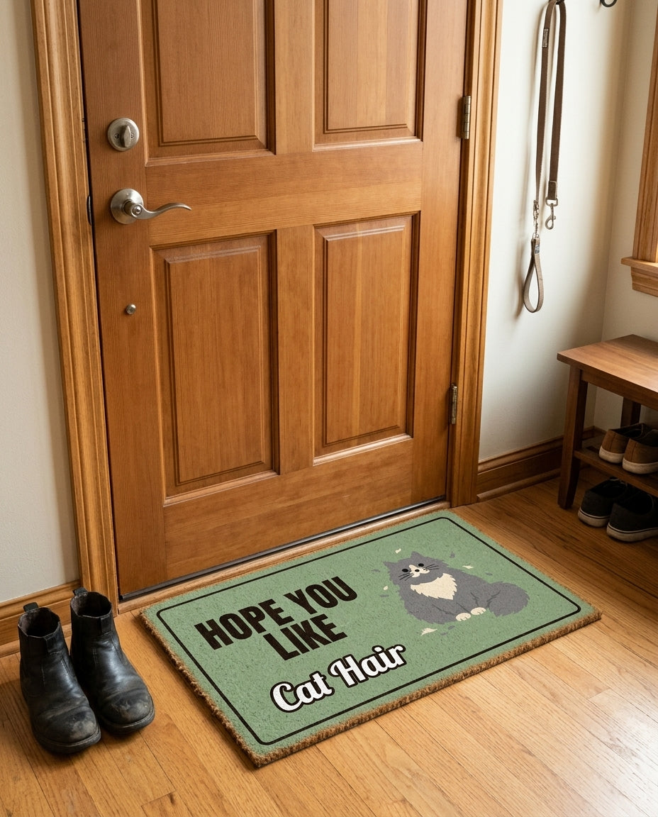 Hope You Like Cat Hair welcome mat in a home entryway
