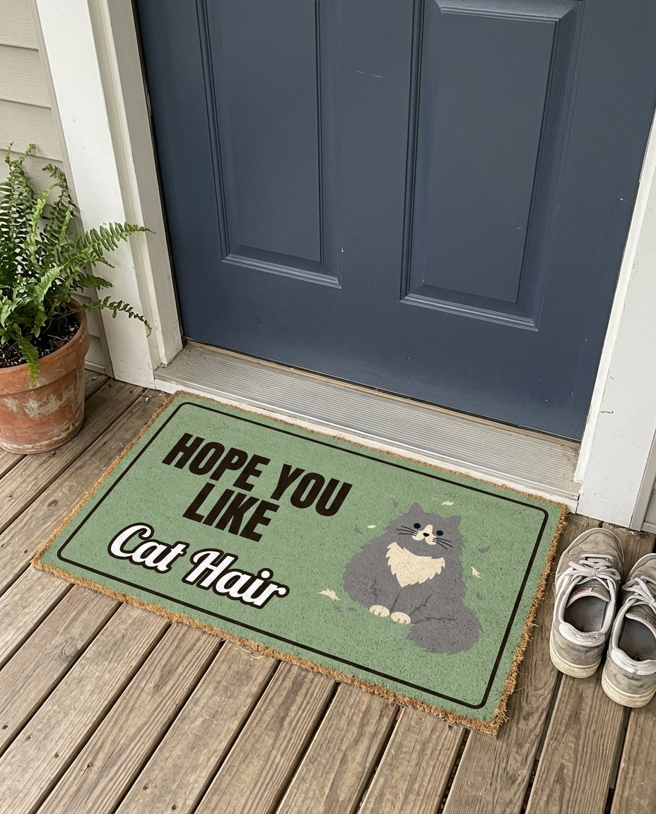 Hope You Like Cat Hair funny cat doormat on a front porch