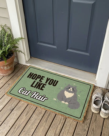 Hope You Like Cat Hair funny cat doormat on a front porch