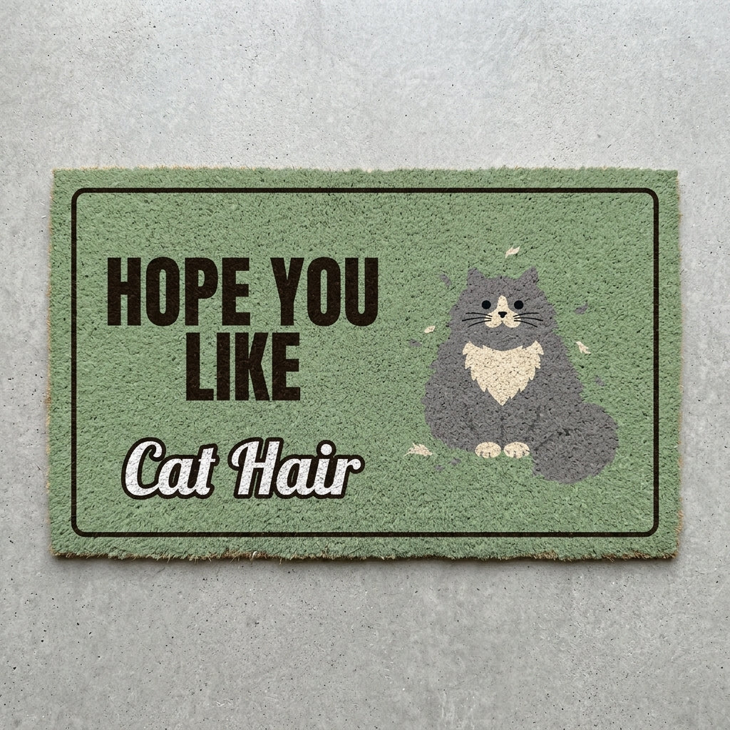 Hope You Like Cat Hair doormat 30x18 in sage green with a fluffy shedding cat