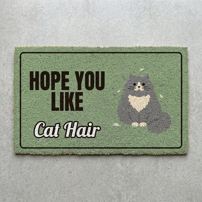 Hope You Like Cat Hair doormat 30x18 in sage green with a fluffy shedding cat
