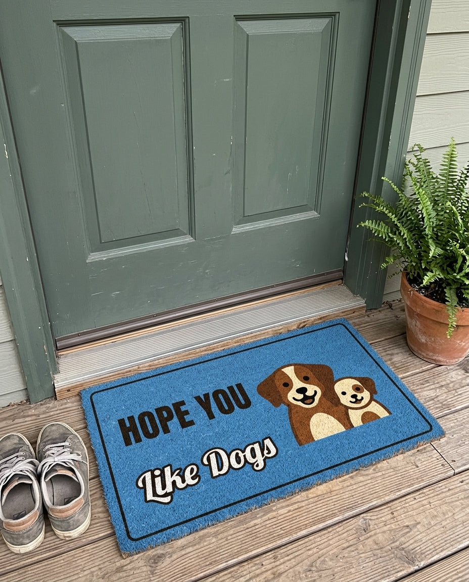 Hope You Like Dogs funny dog doormat on a front porch