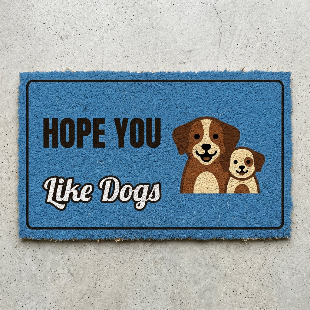 Hope You Like Dogs doormat 30x18 in blue with two puppies