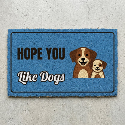 Hope You Like Dogs doormat 30x18 in blue with two puppies