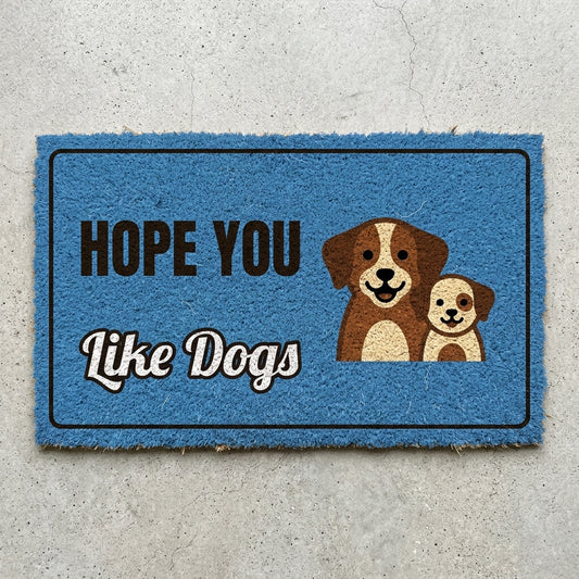 Hope You Like Dogs doormat 30x18 in blue with two puppies