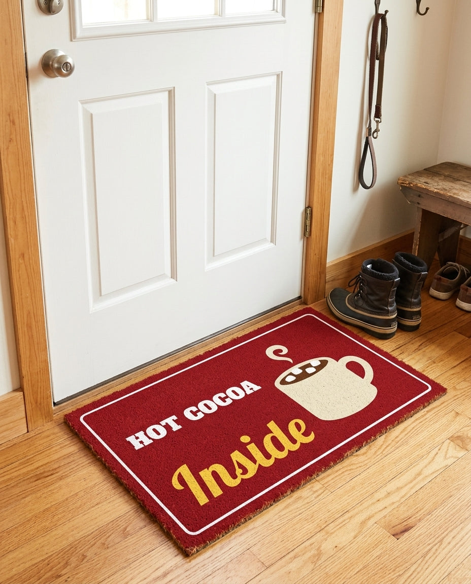 Hot Cocoa Inside welcome mat in a home entryway