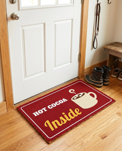 Hot Cocoa Inside welcome mat in a home entryway
