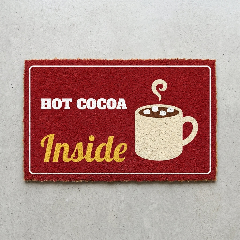 Hot Cocoa Inside doormat 30x18 in red with a mug of cocoa