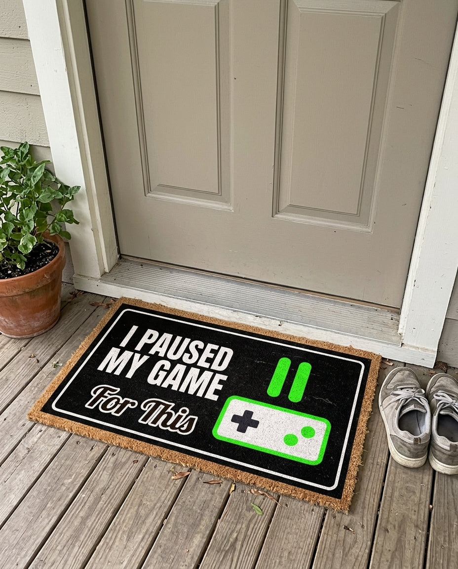 Game Paused For This funny gamer doormat on a front porch