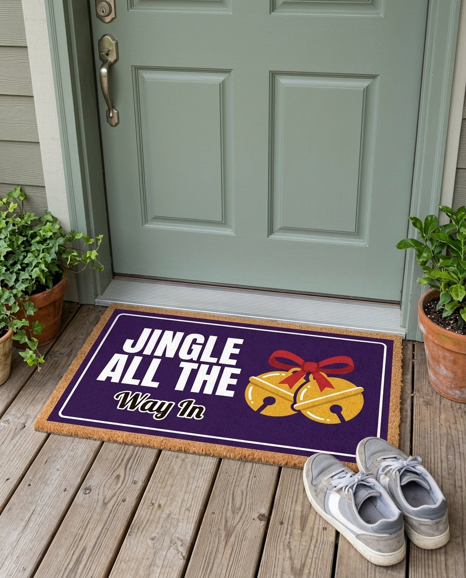 Jingle All The Way In Christmas doormat on a front porch