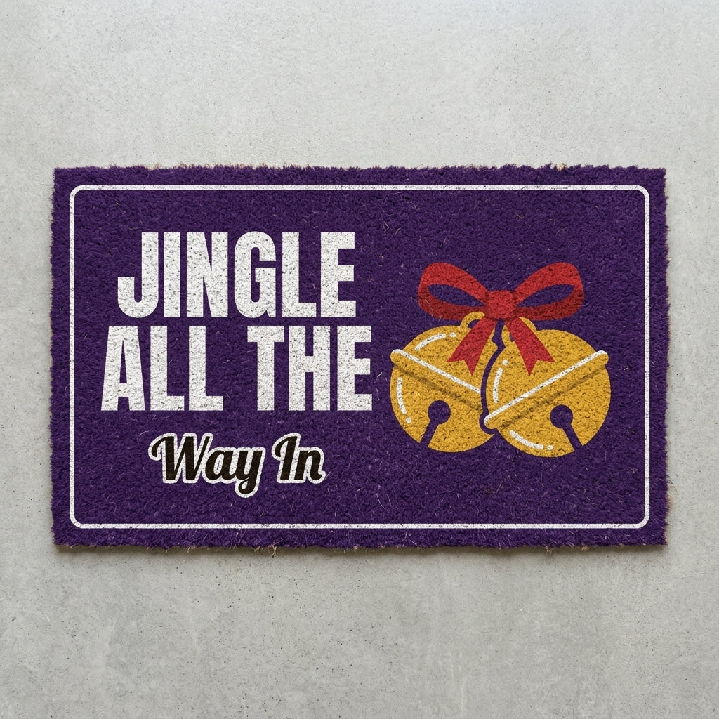 Jingle All The Way In doormat 30x18 in purple with gold jingle bells