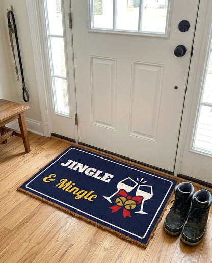Jingle And Mingle welcome mat in a home entryway