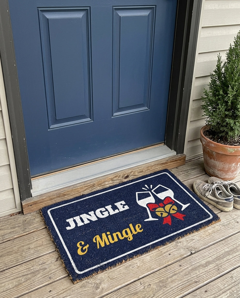Jingle And Mingle Christmas party doormat on a front porch