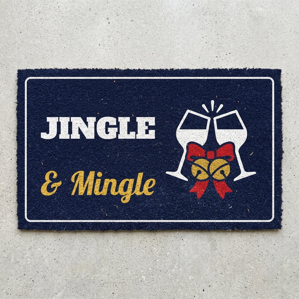 Jingle And Mingle doormat 30x18 in navy with clinking glasses and gold bells