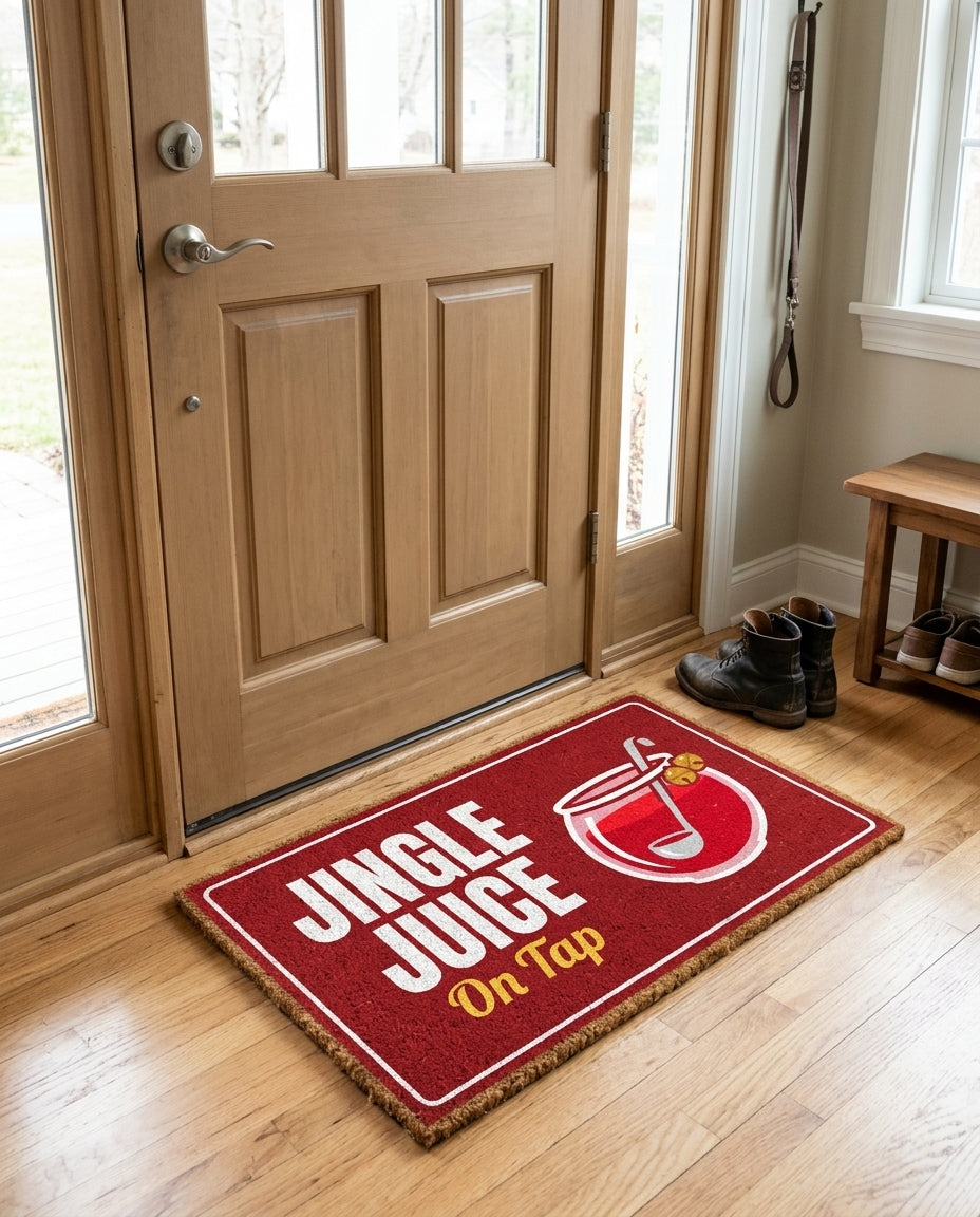 Jingle Juice On Tap welcome mat in a home entryway