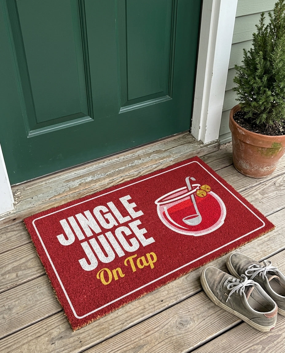 Jingle Juice On Tap Christmas party doormat on a front porch