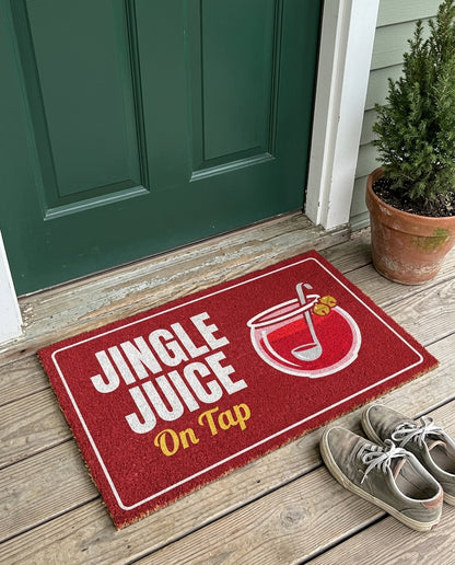 Jingle Juice On Tap Christmas party doormat on a front porch