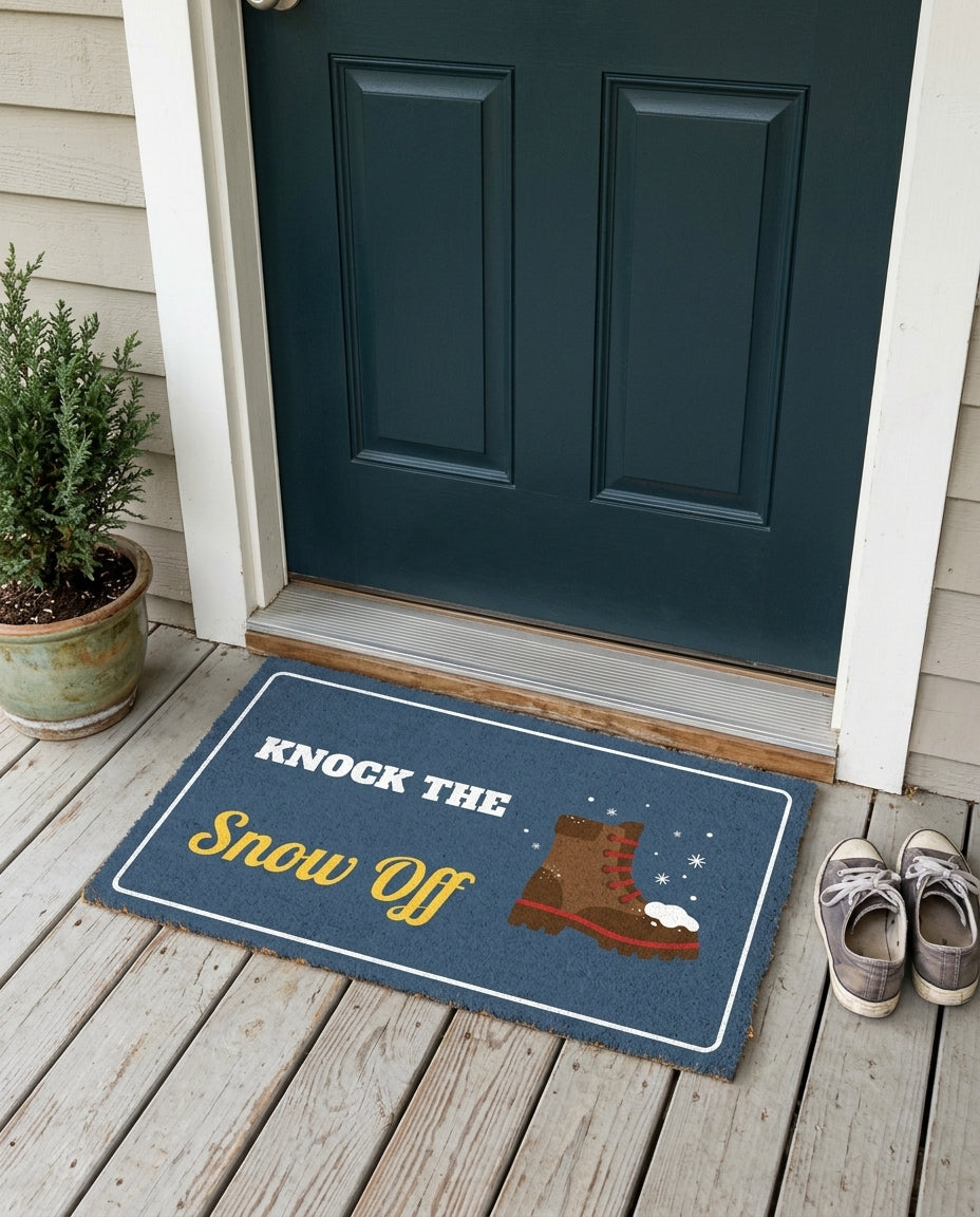 Knock The Snow Off winter doormat on a front porch