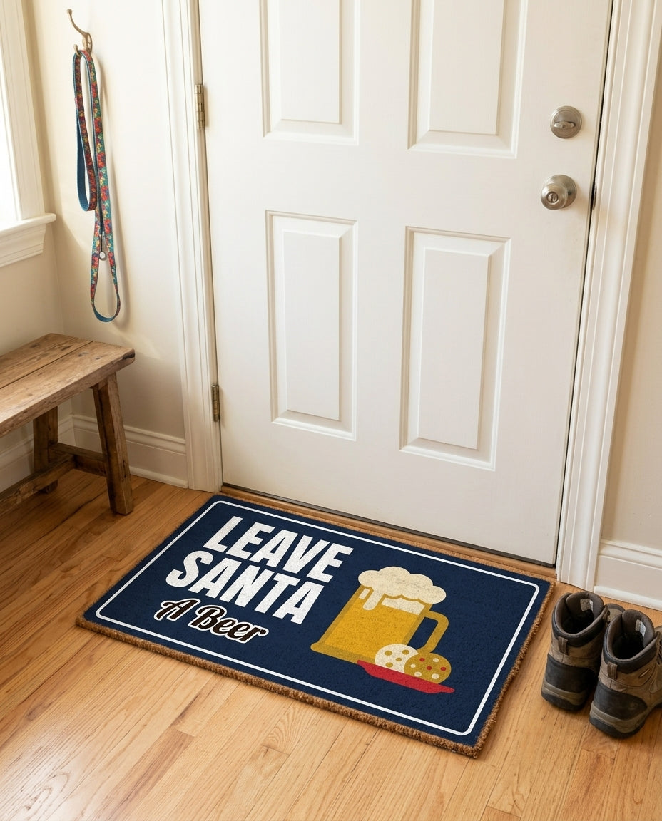 Leave Santa A Beer welcome mat in a home entryway