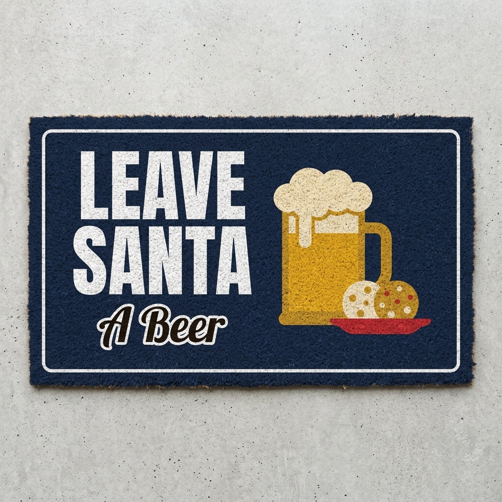 Leave Santa A Beer doormat 30x18 in navy with a beer mug and cookies