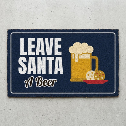 Leave Santa A Beer doormat 30x18 in navy with a beer mug and cookies